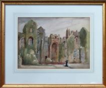 Unsigned watercolour depicting figures within a country manor style setting. Approx. 24cms x 35cms