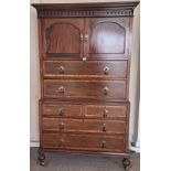 Mahogany inlaid six drawer sectional tallboy/linen press with cupboard doors to top