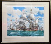 Framed pencil signed limited edition polychrome print "The Ark Royal engages the Spanish flagship"