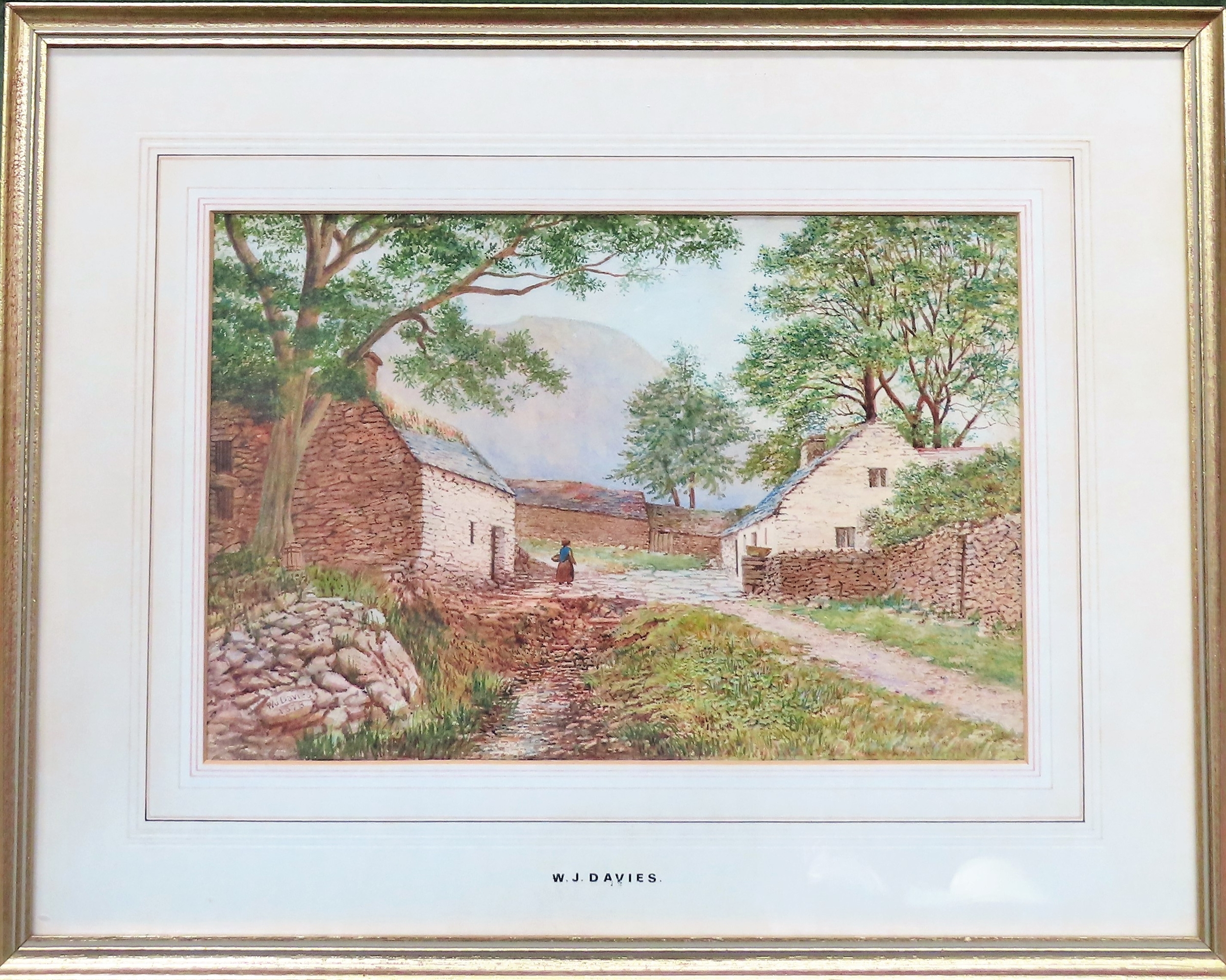 W. J Davis - Framed watercolour depicting a country road scene, dated 1878