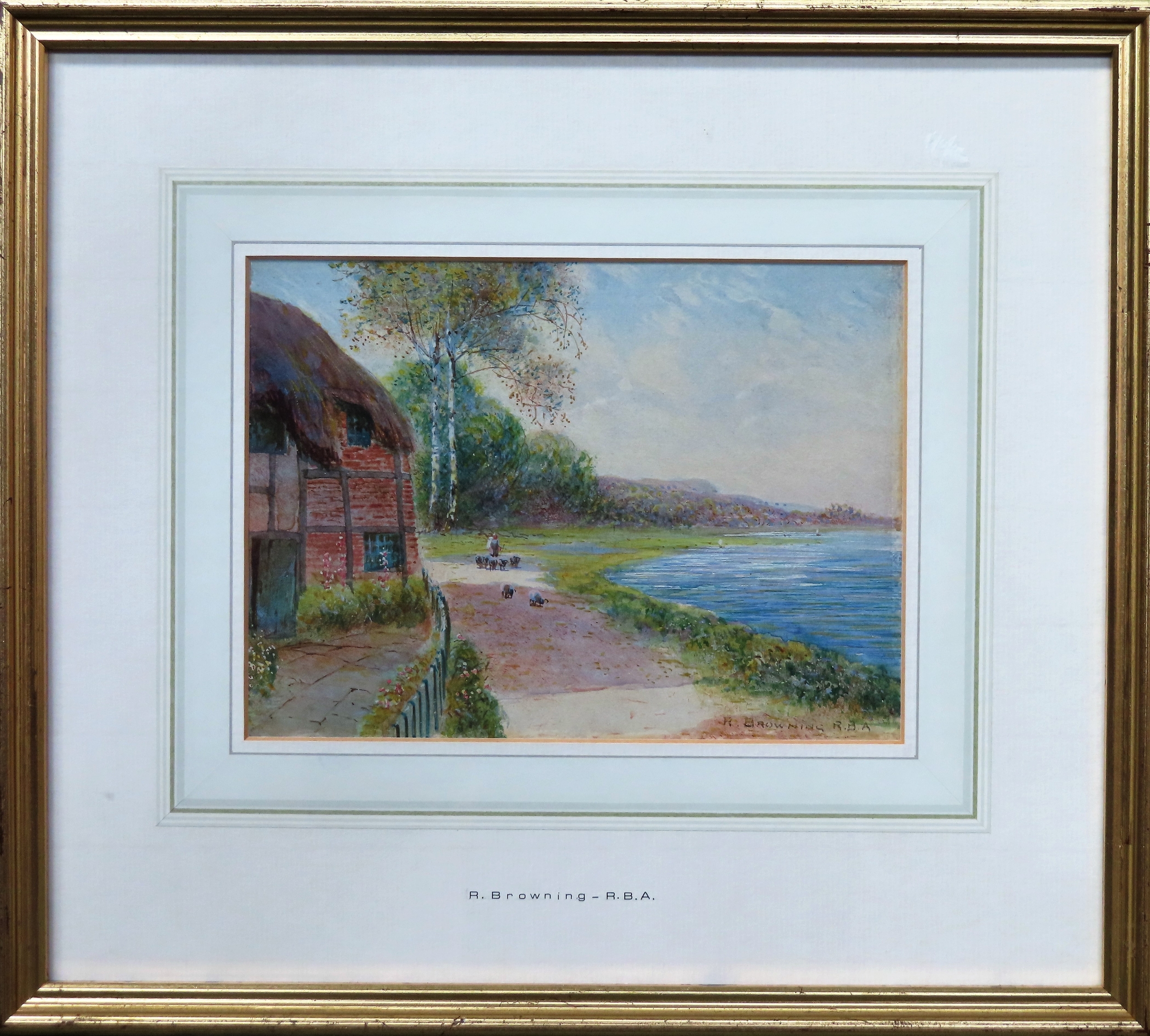 R. Browning RBA - Framed watercolour depicting a lakeside cottage scene with shepherd and sheep.