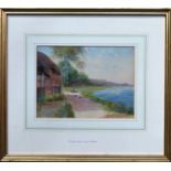 R. Browning RBA - Framed watercolour depicting a lakeside cottage scene with shepherd and sheep.