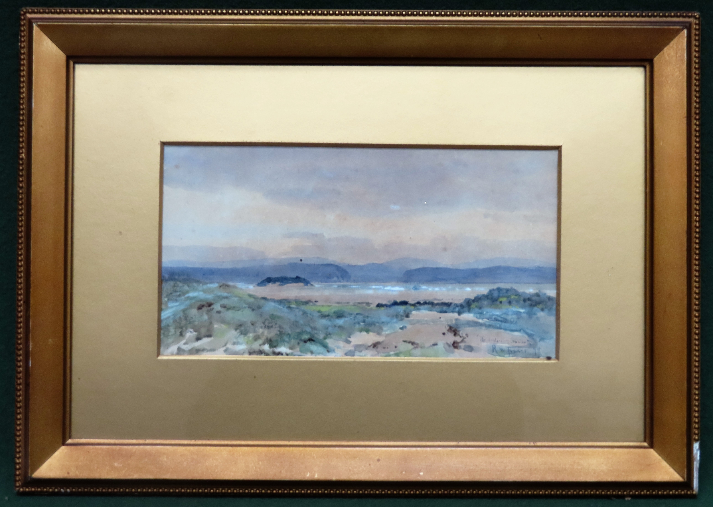 Gilt framed lakeside scene watercolour by R. W. Fraser