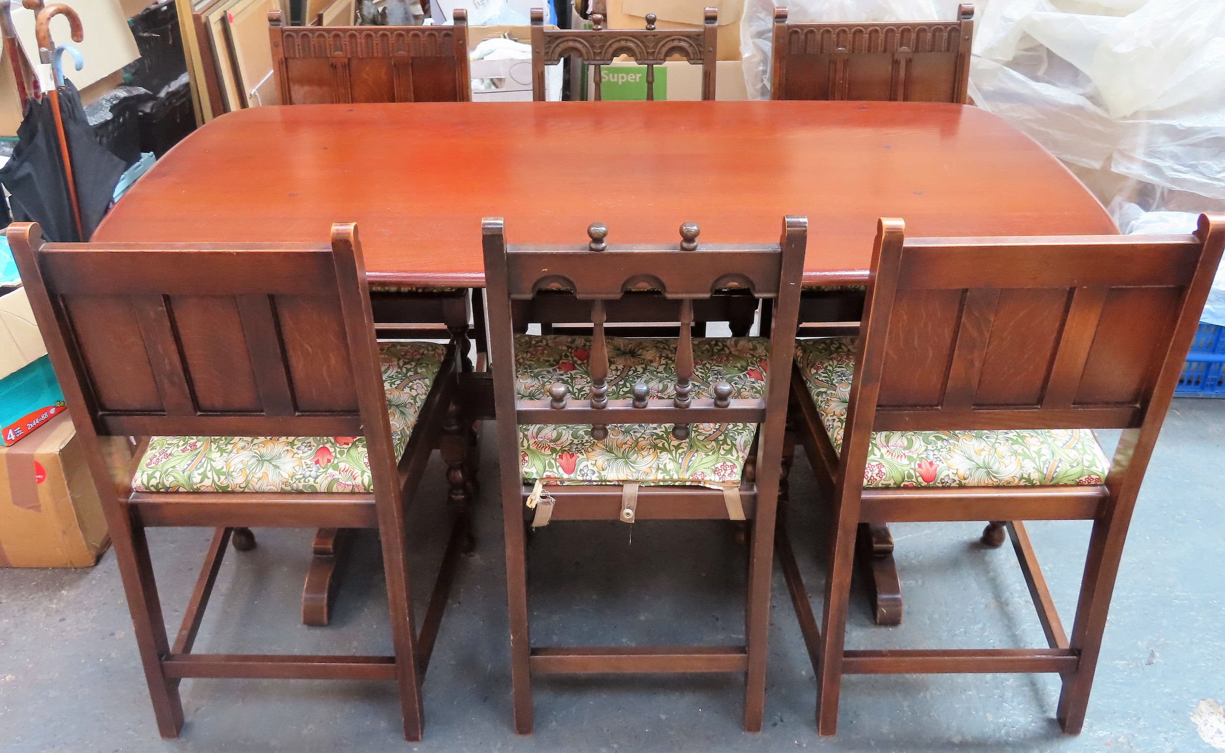 Composite Ercol dining suite including refectory type dining table, plus six various chairs