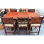 Composite Ercol dining suite including refectory type dining table, plus six various chairs