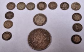 Parcel of various silver coinage including One Dollar, Shilling, 3 Pence pieces etc