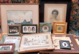 Quantity of various pictures and prints, old photos, 1909 watercolour etc