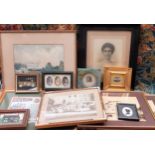 Quantity of various pictures and prints, old photos, 1909 watercolour etc