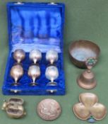 Sundry lot including cased small plated goblets, two Ireland pieces of brass etc