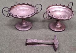 Pair of Hallmarked Silver small two handled trophies, plus fish tongs