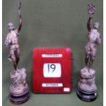 Pair of spelter figures, plus vintage oak perpetual calendar