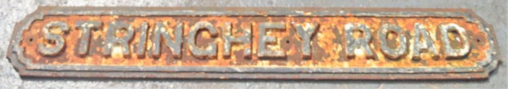 Antique cast iron street sign "Stringhey Road" 18 x 109cm