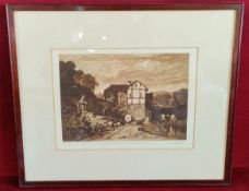 FRANK SHORT, LATE 19TH CENTURY FRAMED MONOCHROME ETCHING DEPICTING A COUNTRYSIDE FARMING SCENE,