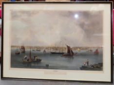 Large framed polychrome engraving depicting Boston Harbour in 1857