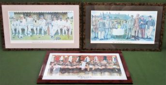 Pencil signed polychrome cricket related print, signed Jedd, another Jedd cricket related