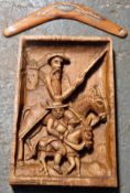 Carved 70 wall panel depicting Don Quixote, plus Aboriginal throwing Boomerang