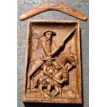 Carved 70 wall panel depicting Don Quixote, plus Aboriginal throwing Boomerang