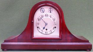 Large mahogany cased mantle clock, with silver coloured dial