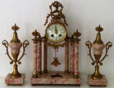 20th century French style brass and marble column form clock and garniture set, with enamelled dial.