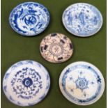 Five various antique Oriental style blue and white side plates