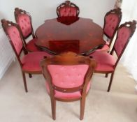 20th century Italian mahogany inlaid pedestal dining table, plus six (4+2) chairs)