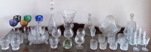 Quantity of various etched and other glassware, coloured hock glasses etc
