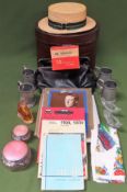 Mixed lot including Pewter, linens, glassware, bag, view master, tin hat box etc