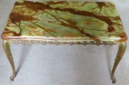 20th century gilt metal onyx topped coffee table. App. 42cm H x 75cm W x 46cm D