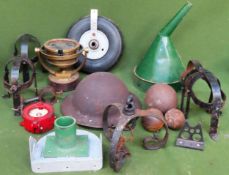 Sundry lot Inc. ships compass, tyre, military helmet, fuel can funnel, etc
