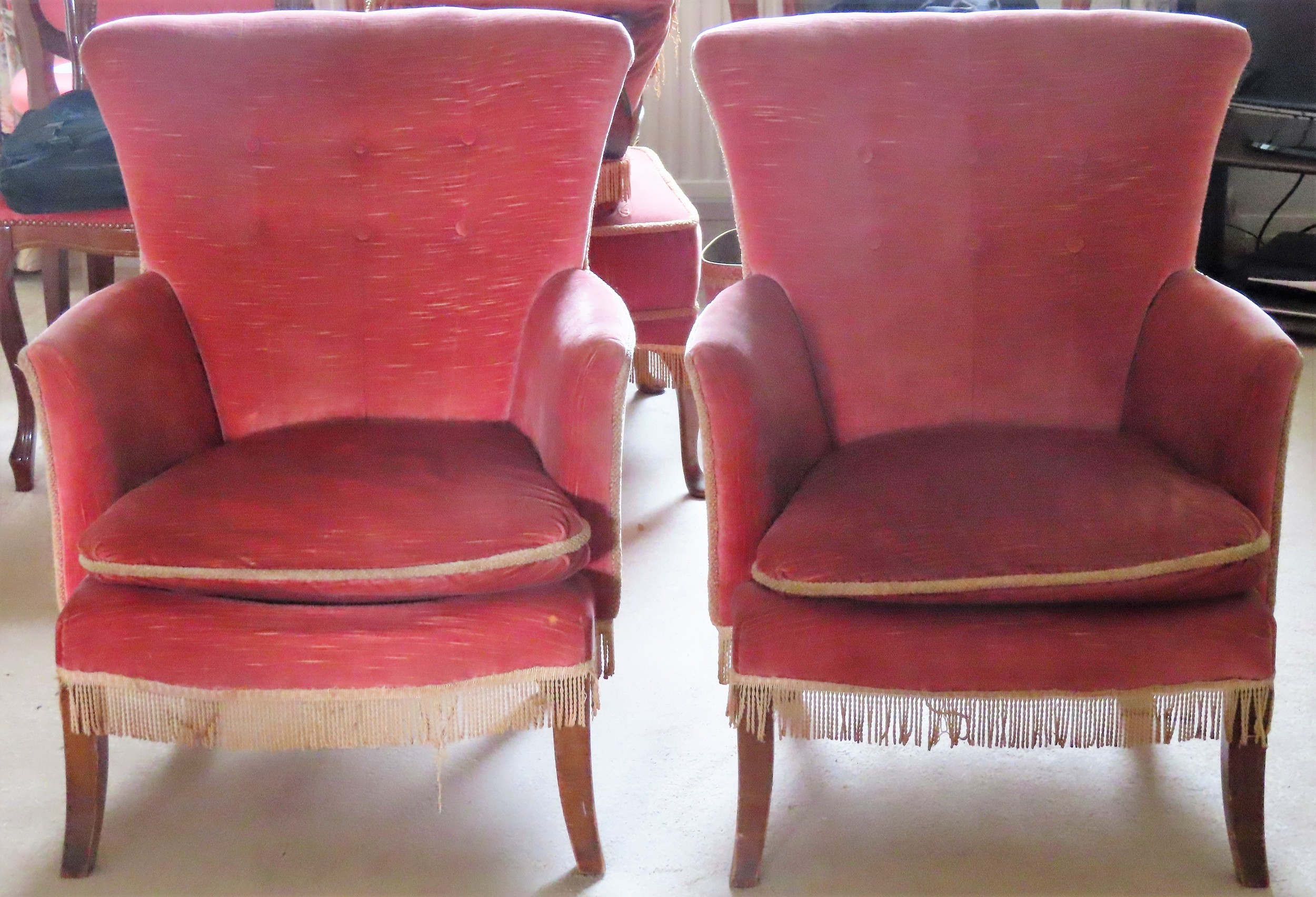 Pair of Early 20th century upholstered button back fireside armchairs 78cm H x 63cm W x 68cm D