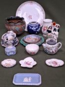 Sundry ceramics including Doulton Slaters jardinere, prunus pattern vase, staffordshire figures,