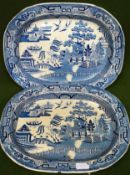 Two similar large Oriental style blue and white ashettes. Approx. 42.5cms x 24cms