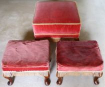 Upholstered footstool, plus pair of smaller similar footstools