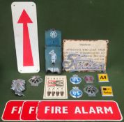 Mixed lot of various vintage car badges Inc. AA, RAC, etc. Also Fire Alarm signs, Warning sign etc