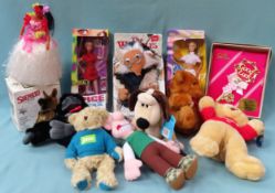 Suitcase containing Boxed Spice Girl doll, Britney Spears doll, various teddies etc