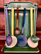 ENAMELLED COOKING UTENSILS AND ENAMELLED STAND TO ACCORD, STAND APPROX 46 x 30.5cm