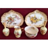 PAIR OF DOULTON BURSLEM FLORAL DECORATED PLATES, ROYAL DEVON BOWL AND JUG, PLUS PAIR OF BUD VASES