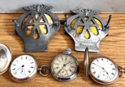 TWO AA BADGES PLUS THREE PLATED POCKET WATCHES