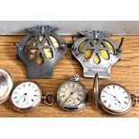 TWO AA BADGES PLUS THREE PLATED POCKET WATCHES