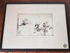 MONOCHROMED ETCHING, 'THE FLYING SWING', SIGNED EILEEN A SOPER, FRAMED AND GLAZED, APPROX 18.5 x