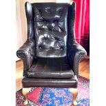 VINTAGE BUTTON BACK LEATHER ARMCHAIR, BROWN LEATHER, DISTRESSED, APPROX 77cm WIDE AND 106cm HIGH