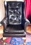 VINTAGE BUTTON BACK LEATHER ARMCHAIR, BROWN LEATHER, DISTRESSED, APPROX 77cm WIDE AND 106cm HIGH