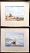 J CALEY, PAIR OF MARINE WATERCOLOURS DEPICTING BEACHED BOATS AND A SEASCAPE SCENE