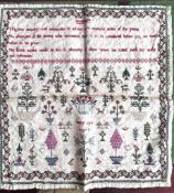 VERSE AND FLORAL SAMPLER BY MARY LYE, AGED 9, CIRCA 1830s, SILK REVERSE, APPROX 36 x 28.5cm