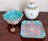 MODERN STORAGE JAR AND COVER, CLOISONNE TRAY AND JAPANESE LOTUS FLOWER, APPROX 11cm
