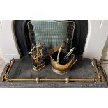 BRASS FIRE KERB, APPROX 130 x 37cm, BUCKET, FIRE SCREEN AND COMPANION SET