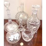 ONE BACCARAT GLASS DECANTER PLUS TWO OTHERS, SWEET JAR, PERFUME BOTTLE AND DECORATIVE GLASS JUG