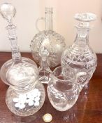 ONE BACCARAT GLASS DECANTER PLUS TWO OTHERS, SWEET JAR, PERFUME BOTTLE AND DECORATIVE GLASS JUG