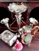 SILVER PLATED TEA POY, EPERGNE, EWER AND ROYAL DOULTON FIGURE "ROSAMUND" STAMPED 'M33 S.W' TO BASE