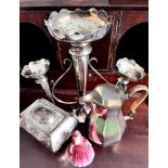 SILVER PLATED TEA POY, EPERGNE, EWER AND ROYAL DOULTON FIGURE "ROSAMUND" STAMPED 'M33 S.W' TO BASE